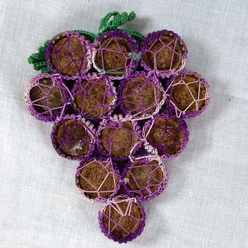 Vintage Handmade Crochet Bottle Cap Cork Grape Trivet Set  3pc  1960-70's